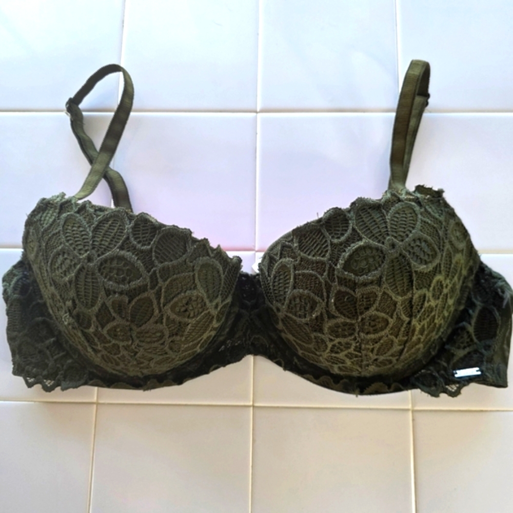 Victoria's Secret PINK Dark Green Lace Bra Size 36C